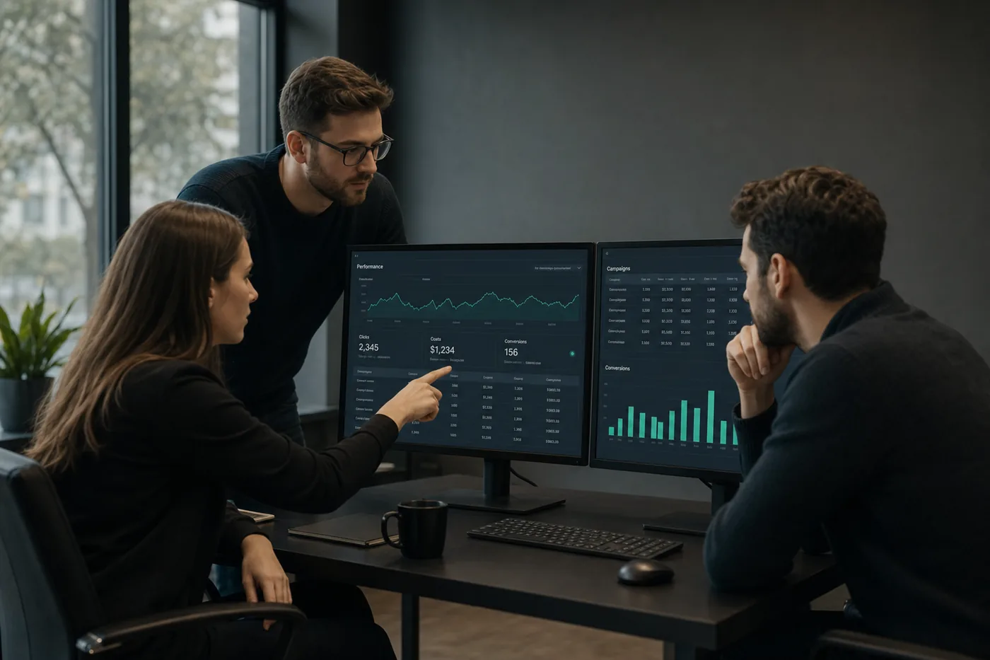 The Lead Tank team reviewing campaign and lead-quality dashboards in their Cheshire office